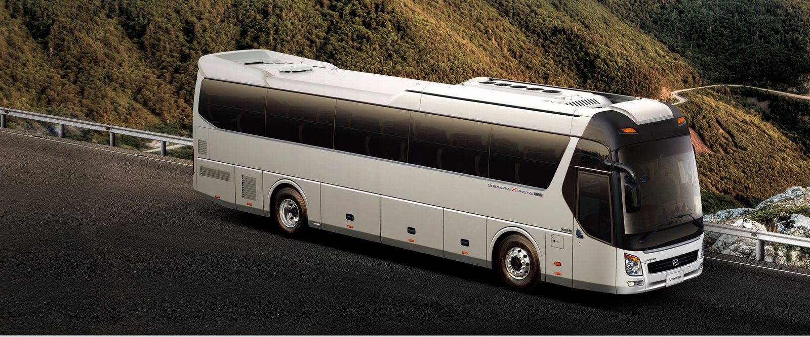 Hyundai Universe passenger coach on a mountain road