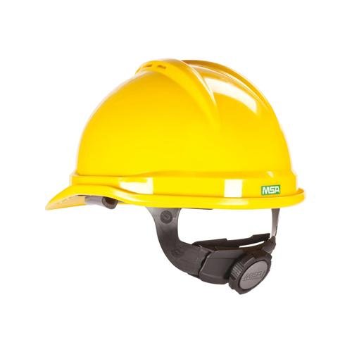 Yellow MSA V-Gard 500 industrial safety helmet on a white background